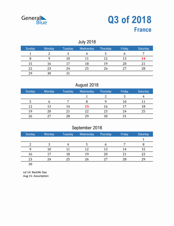 France Q3 2018 Quarterly Calendar with Sunday Start