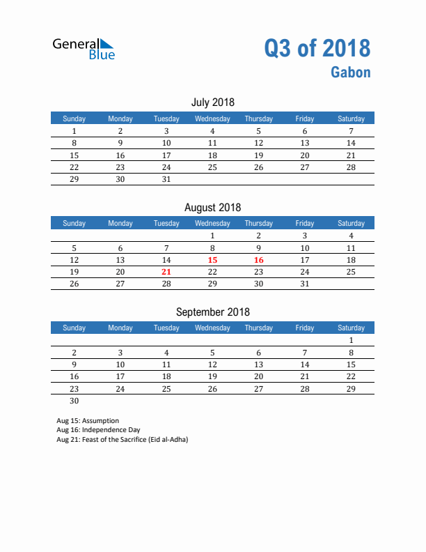 Gabon Q3 2018 Quarterly Calendar with Sunday Start