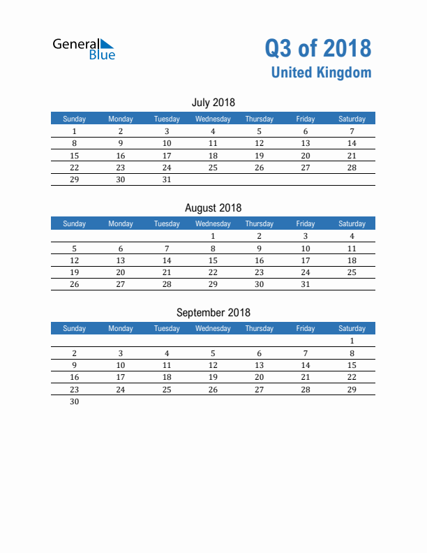 United Kingdom Q3 2018 Quarterly Calendar with Sunday Start