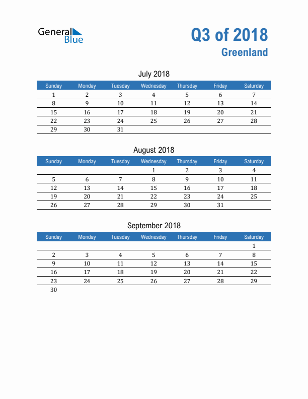 Greenland Q3 2018 Quarterly Calendar with Sunday Start