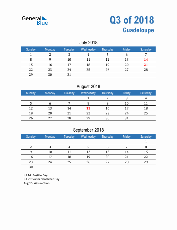 Guadeloupe Q3 2018 Quarterly Calendar with Sunday Start