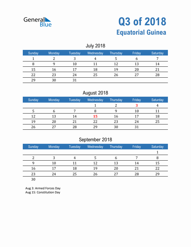 Equatorial Guinea Q3 2018 Quarterly Calendar with Sunday Start