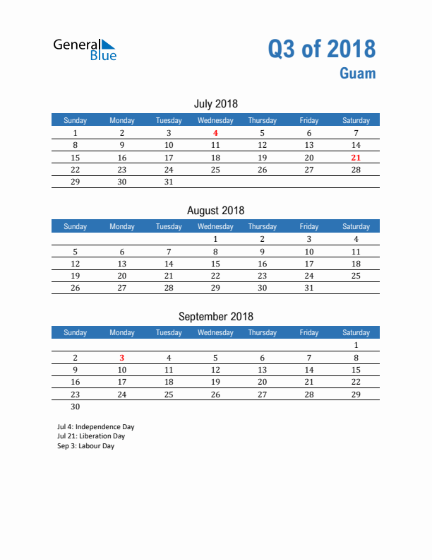 Guam Q3 2018 Quarterly Calendar with Sunday Start