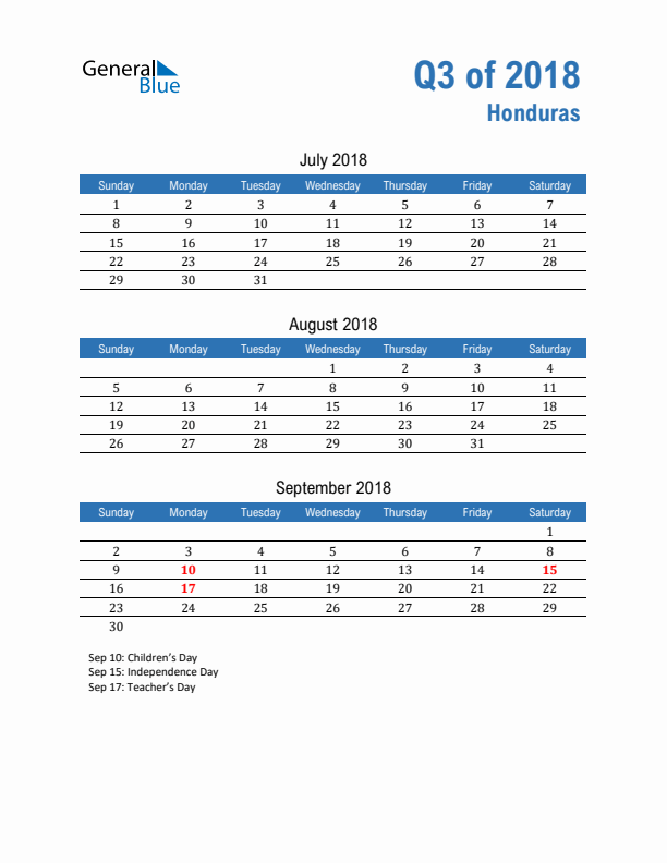 Honduras Q3 2018 Quarterly Calendar with Sunday Start