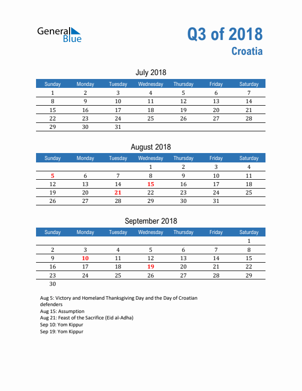 Croatia Q3 2018 Quarterly Calendar with Sunday Start