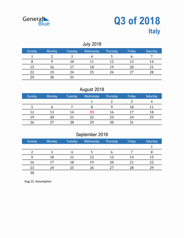 Italy Q3 2018 Quarterly Calendar with Sunday Start