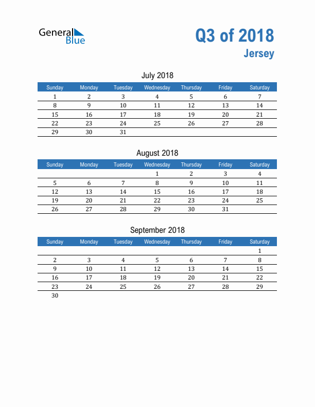 Jersey Q3 2018 Quarterly Calendar with Sunday Start