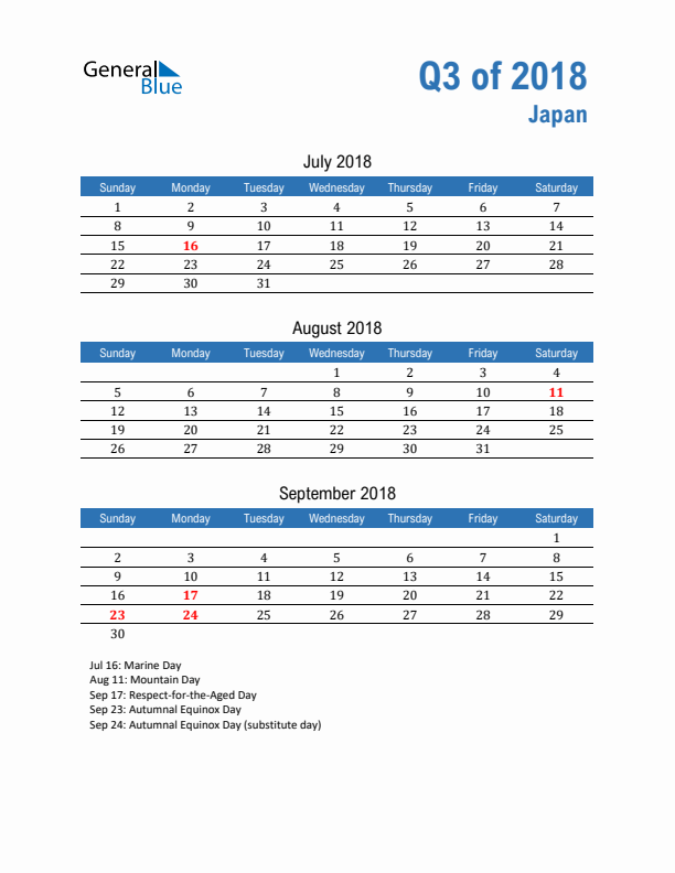 Japan Q3 2018 Quarterly Calendar with Sunday Start