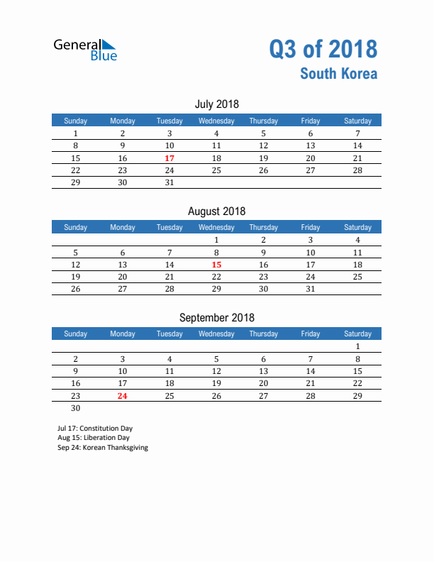 South Korea Q3 2018 Quarterly Calendar with Sunday Start