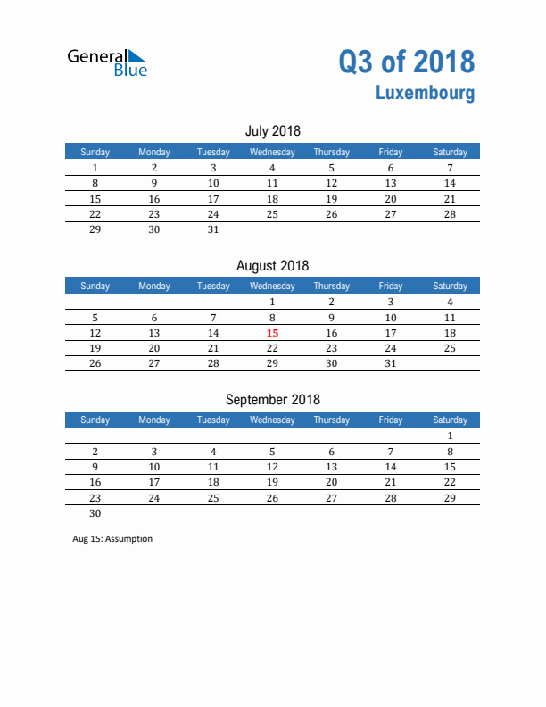 Luxembourg Q3 2018 Quarterly Calendar with Sunday Start