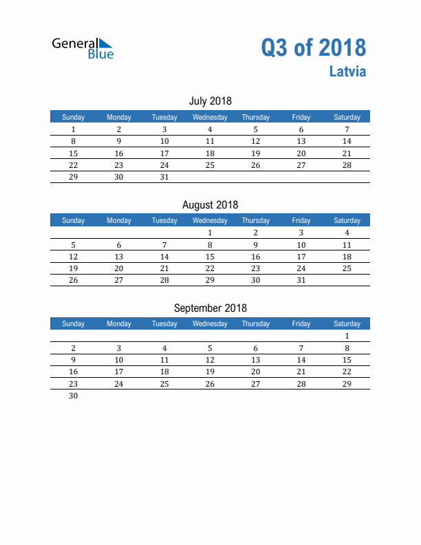 Latvia Q3 2018 Quarterly Calendar with Sunday Start