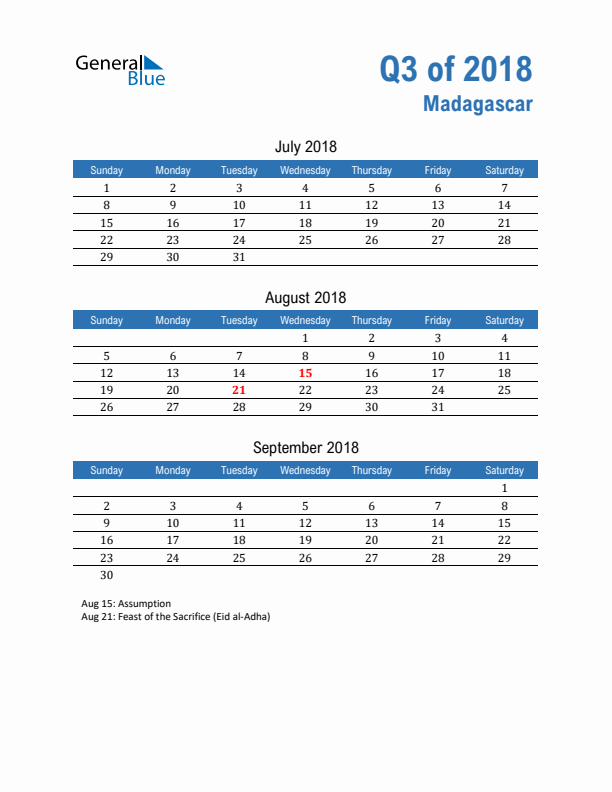 Madagascar Q3 2018 Quarterly Calendar with Sunday Start