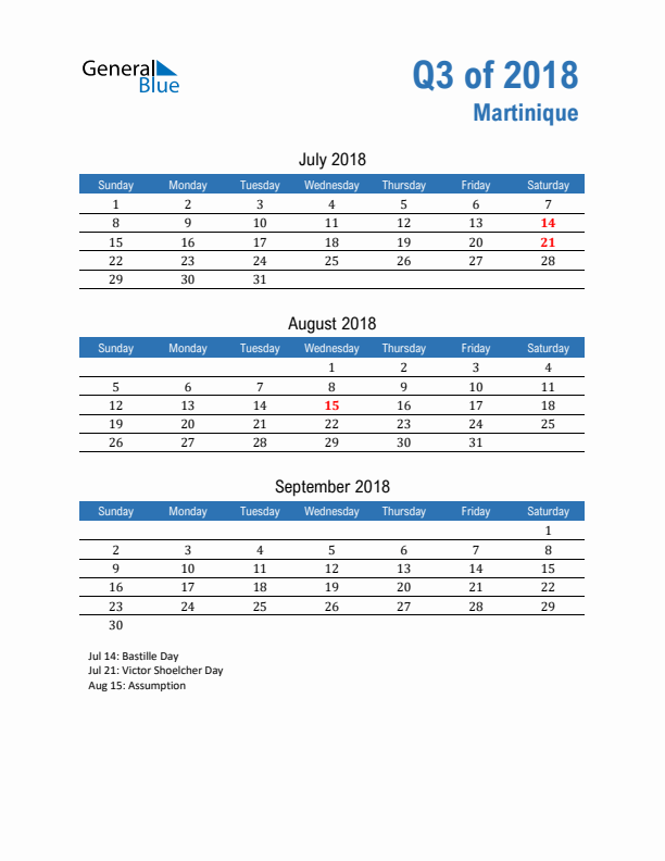 Martinique Q3 2018 Quarterly Calendar with Sunday Start