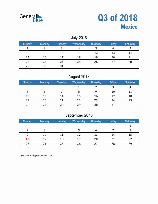 Mexico Q3 2018 Quarterly Calendar with Sunday Start