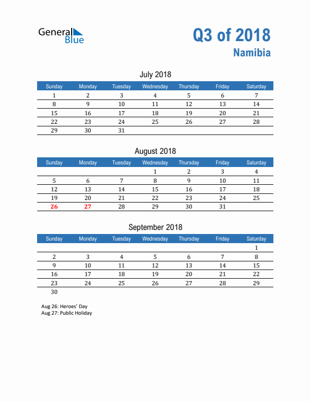 Namibia Q3 2018 Quarterly Calendar with Sunday Start