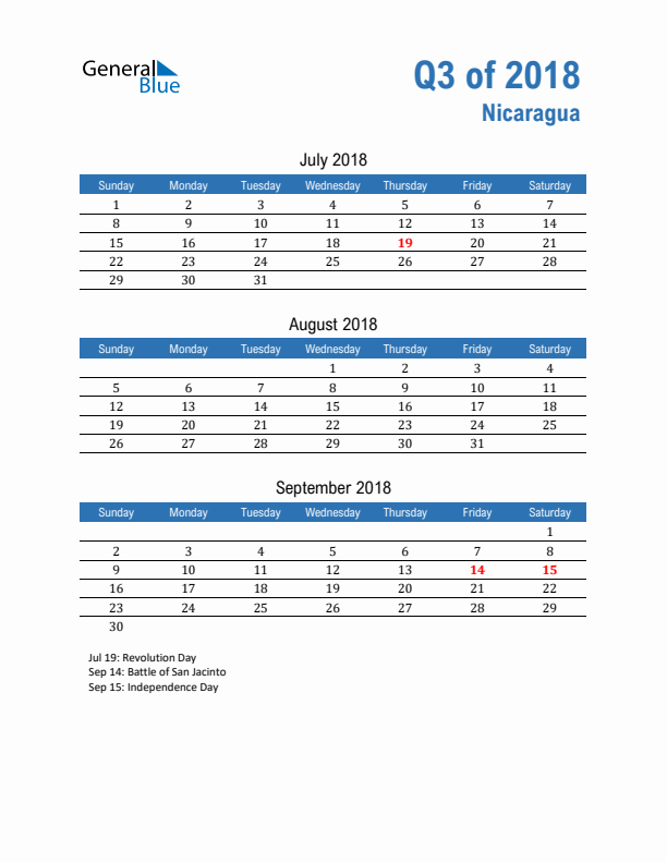 Nicaragua Q3 2018 Quarterly Calendar with Sunday Start