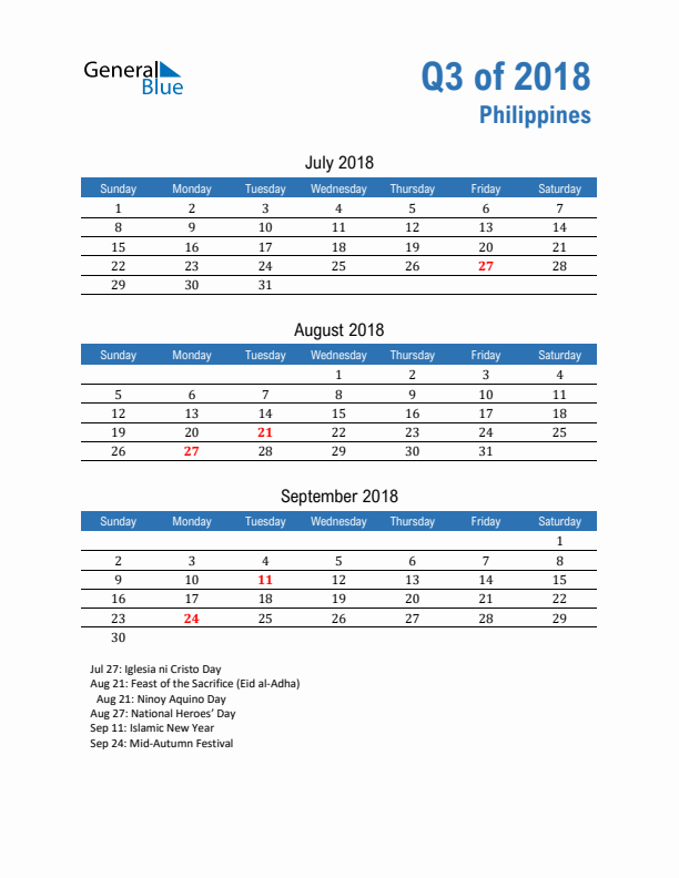 Philippines Q3 2018 Quarterly Calendar with Sunday Start