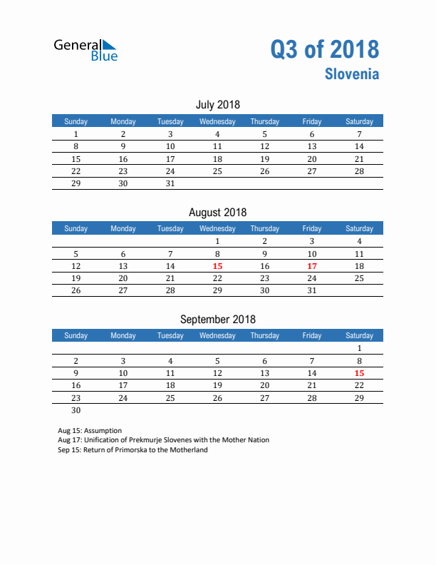 Slovenia Q3 2018 Quarterly Calendar with Sunday Start