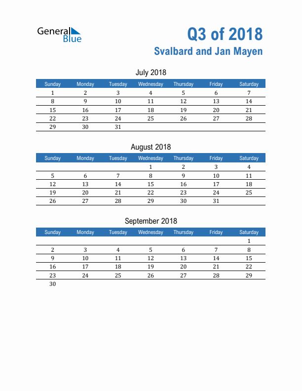 Svalbard and Jan Mayen Q3 2018 Quarterly Calendar with Sunday Start