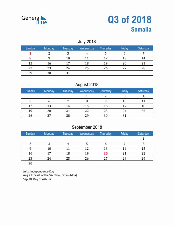 Somalia Q3 2018 Quarterly Calendar with Sunday Start