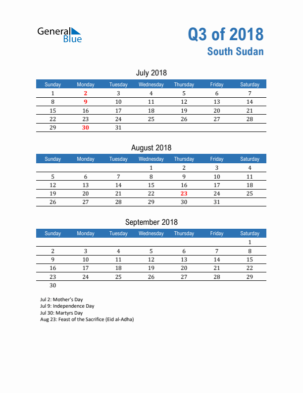 South Sudan Q3 2018 Quarterly Calendar with Sunday Start