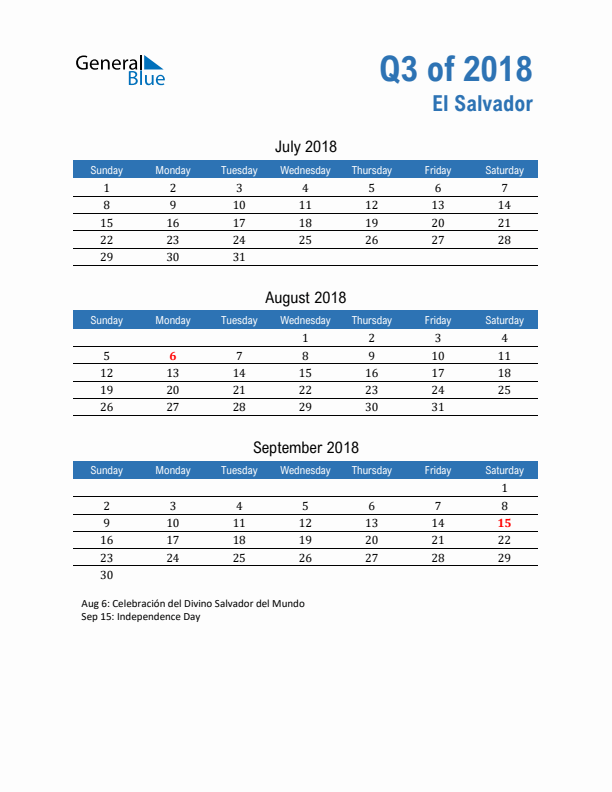 El Salvador Q3 2018 Quarterly Calendar with Sunday Start