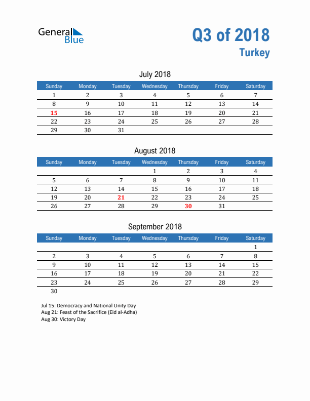 Turkey Q3 2018 Quarterly Calendar with Sunday Start