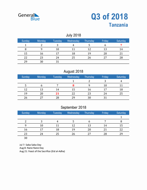 Tanzania Q3 2018 Quarterly Calendar with Sunday Start