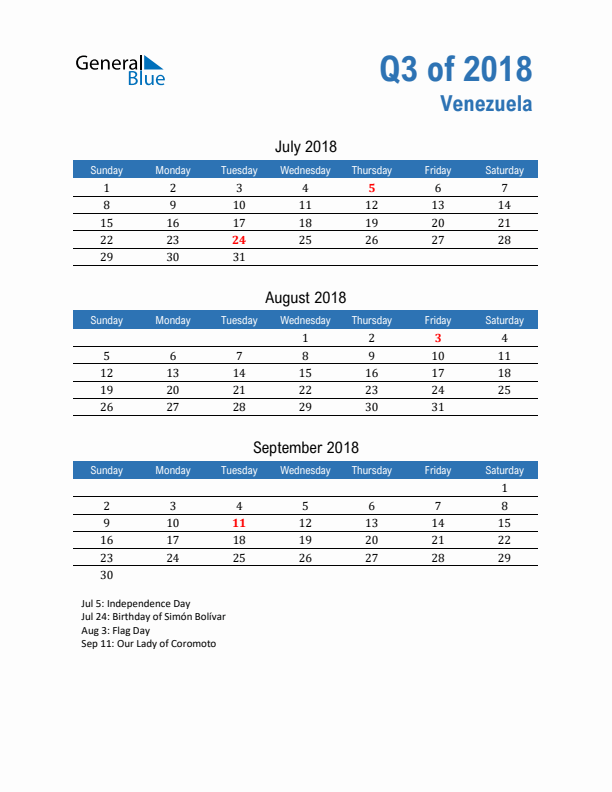 Venezuela Q3 2018 Quarterly Calendar with Sunday Start