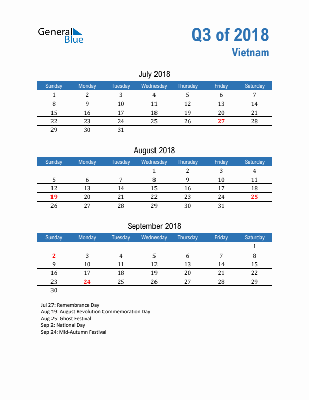 Vietnam Q3 2018 Quarterly Calendar with Sunday Start