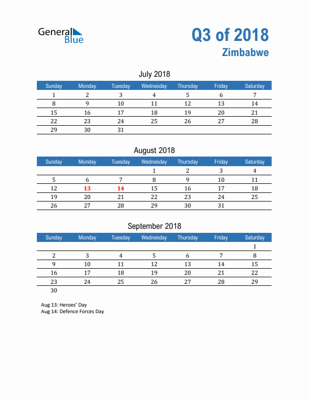 Zimbabwe Q3 2018 Quarterly Calendar with Sunday Start