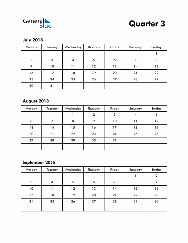 Quarter 3 2018 Calendar - Monday Start