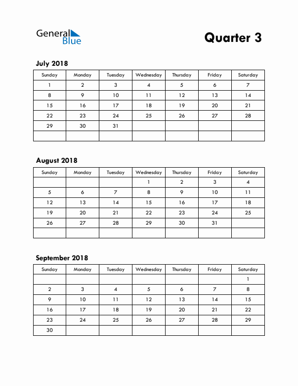 Quarter 3 2018 Calendar - Sunday Start