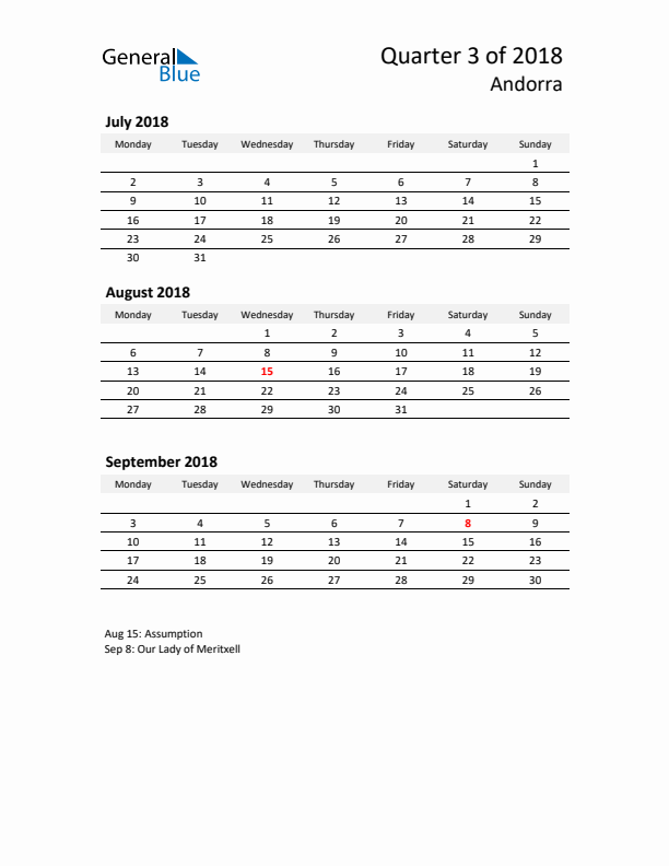 2018 Q3 Three-Month Calendar for Andorra