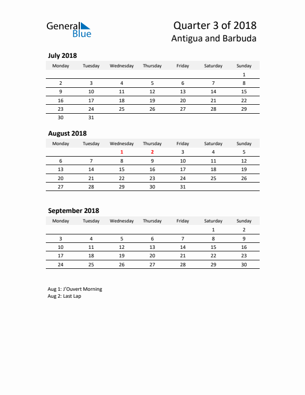 2018 Q3 Three-Month Calendar for Antigua and Barbuda