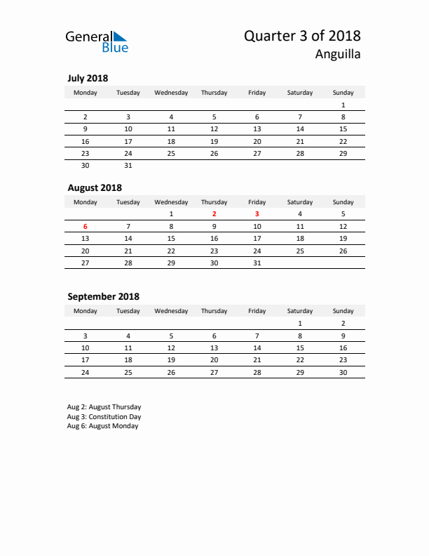 2018 Q3 Three-Month Calendar for Anguilla