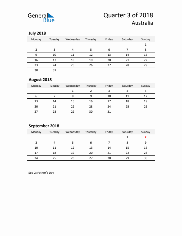 2018 Q3 Three-Month Calendar for Australia