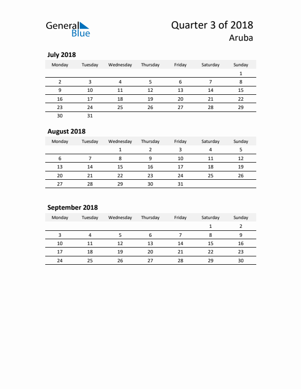 2018 Q3 Three-Month Calendar for Aruba