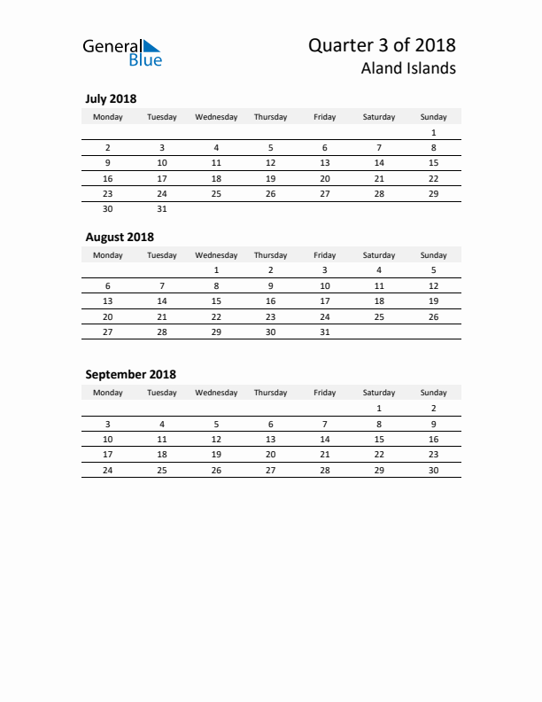 2018 Q3 Three-Month Calendar for Aland Islands