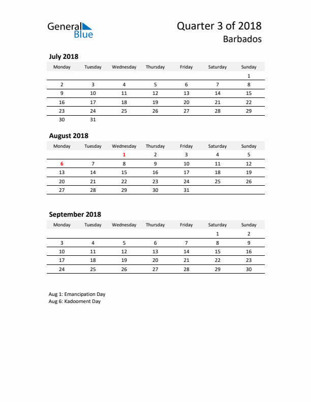 2018 Q3 Three-Month Calendar for Barbados