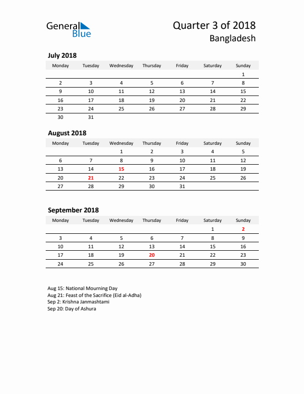 2018 Q3 Three-Month Calendar for Bangladesh