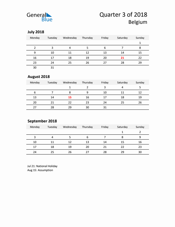 2018 Q3 Three-Month Calendar for Belgium
