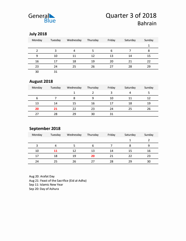 2018 Q3 Three-Month Calendar for Bahrain