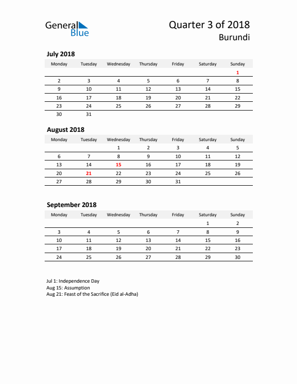 2018 Q3 Three-Month Calendar for Burundi