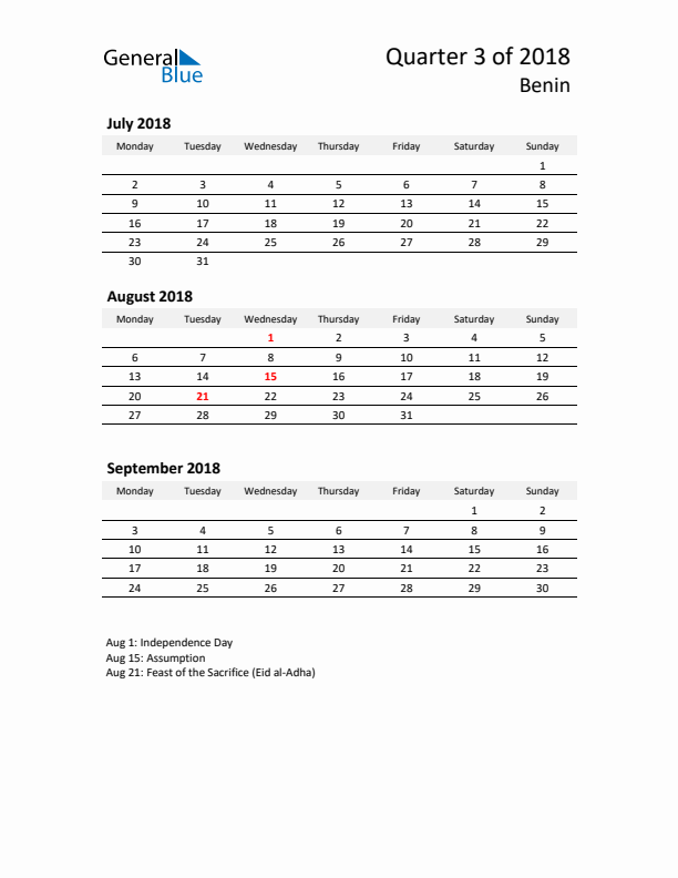 2018 Q3 Three-Month Calendar for Benin