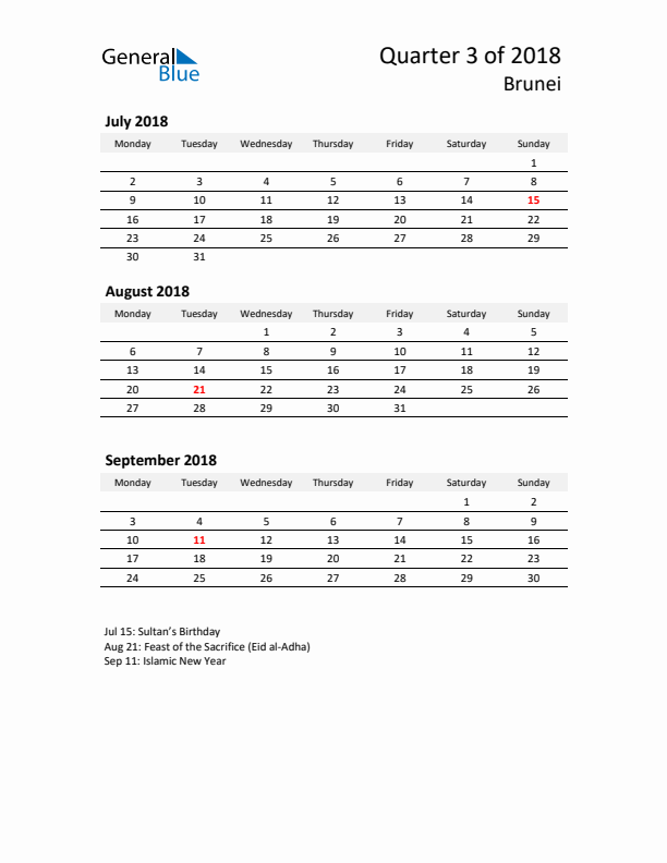 2018 Q3 Three-Month Calendar for Brunei