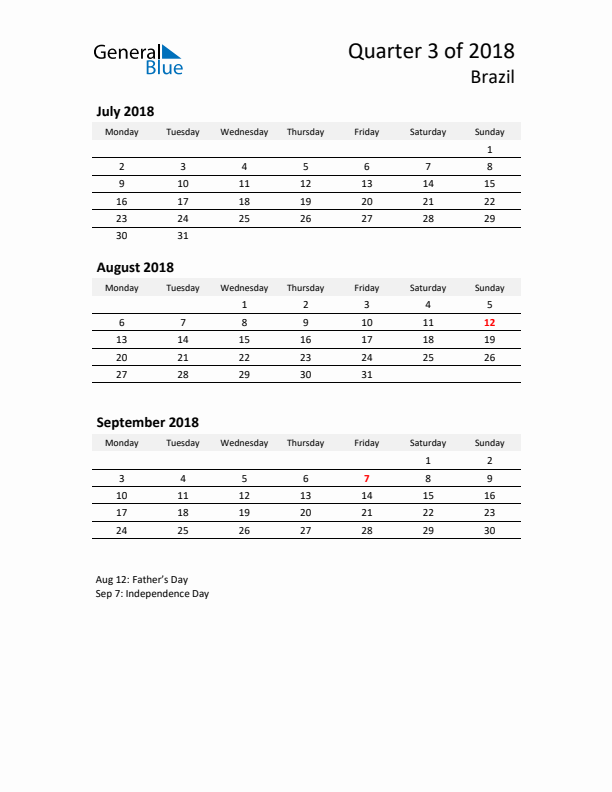 2018 Q3 Three-Month Calendar for Brazil