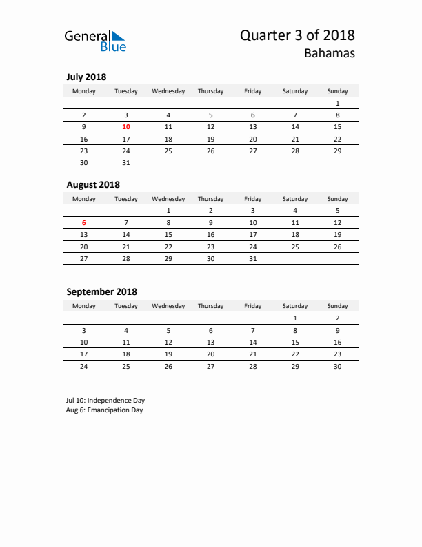 2018 Q3 Three-Month Calendar for Bahamas