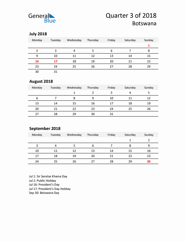 2018 Q3 Three-Month Calendar for Botswana