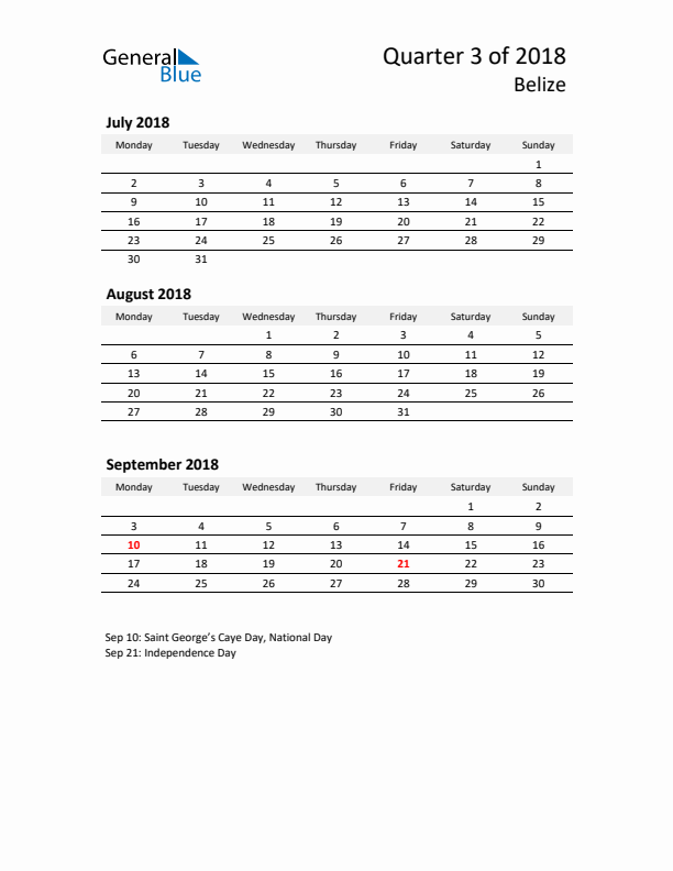 2018 Q3 Three-Month Calendar for Belize